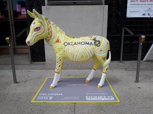 Artist Lynnette Shelly’s Oklahoma-themed Donkey in front of Parkway Central Library